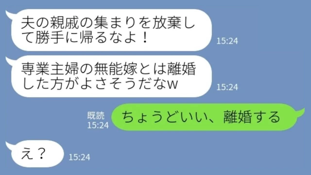 【LINE】親戚の前で夫「専業主婦しかできない無能嫁w」私「ちょうどいい、離婚する」→夫と義姉が凍りついた理由www