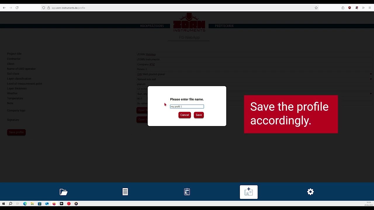 ZORN FG-WebApp : Create project profiles & use them on site