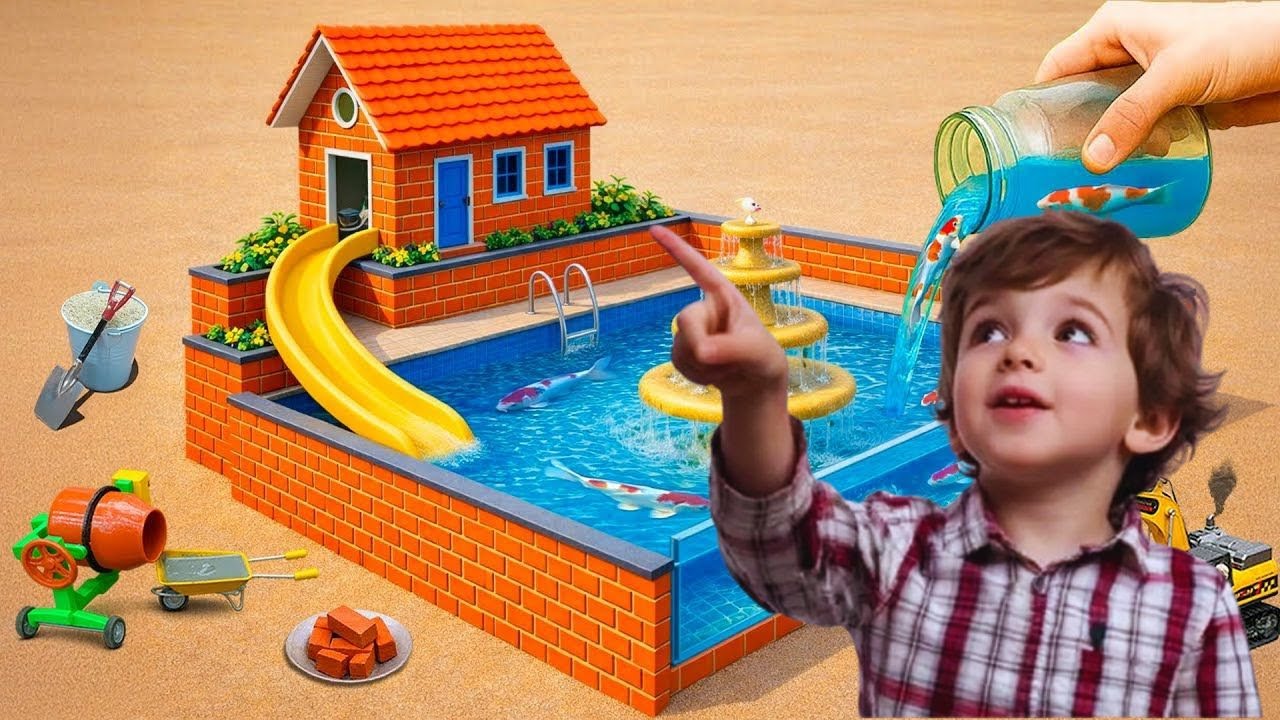 A BUILDER BUILDS A MINI BRICK MANSION WITH A REAL WATERFALL ROOFTOP