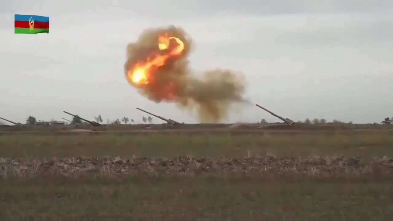 Azerbaijan Military shelling Nagorno Karabakh using 2S7 Pion long range artillery