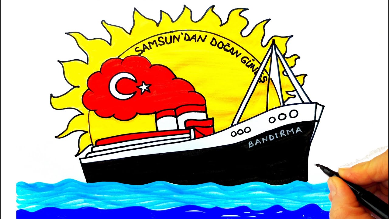 19 Mayıs Resmi Çizimi - Bandırma Vapuru Çizimi - 19 Mayıs Resmi Nasıl Çizilir? - 19 Mayıs Çizimleri