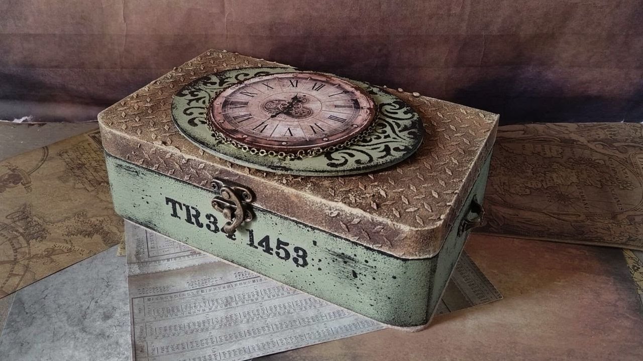 Rustic industrial style box - decoupage - mixed media wooden box