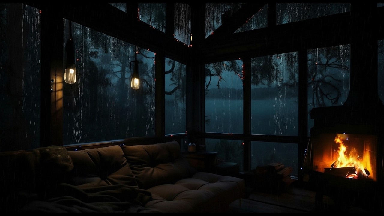Cozy Night and Rain Sounds with Crackling Fireplace in Cozy cabin to Relaxation