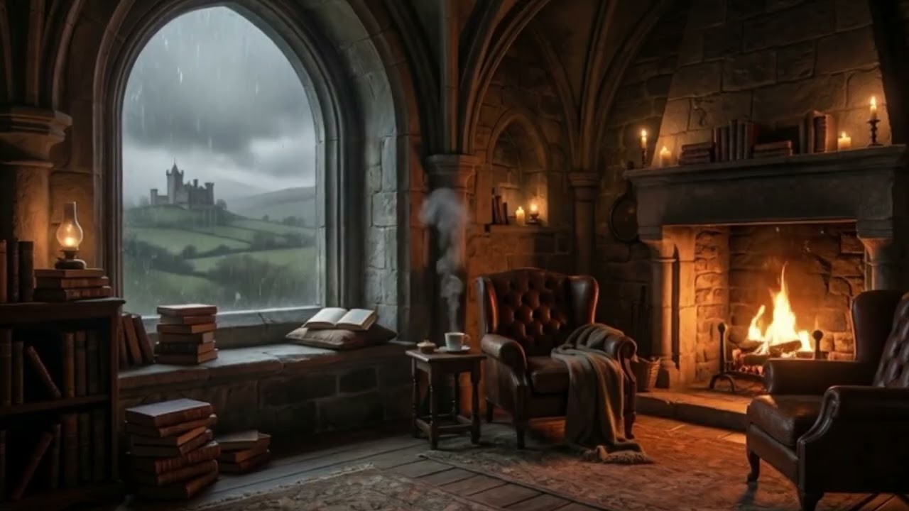 A Quiet Evening with a Castle View | Dark Academia Ambience for Reading | Cozy Fireplace Sounds