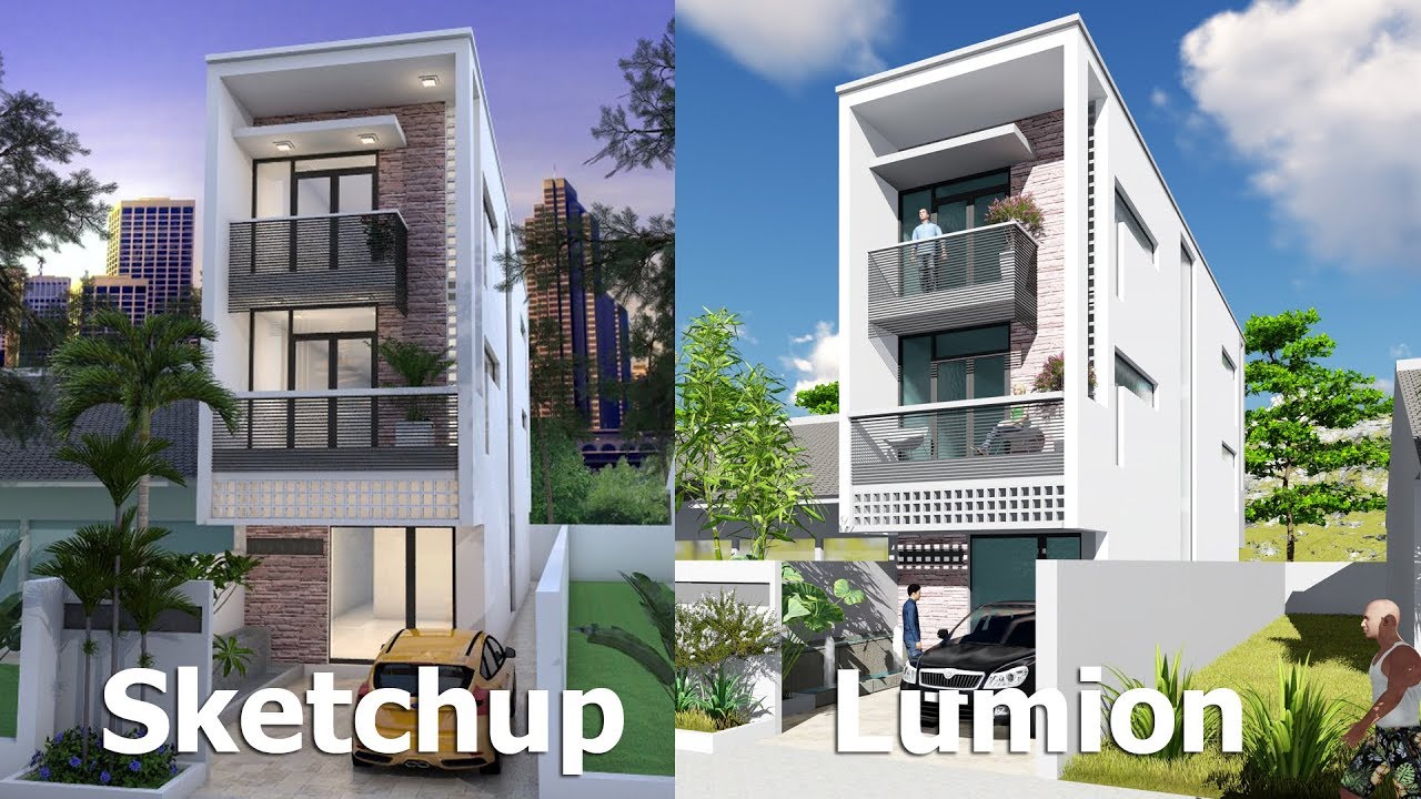 Narrow House Design Sketchup Exterior Modeling W4,2m N02