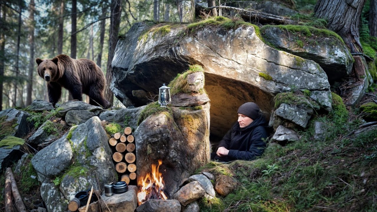 Building a Bushcraft Survival Shelter in a Rocky Cave | Winter Camping in the High Mountains, ASMR