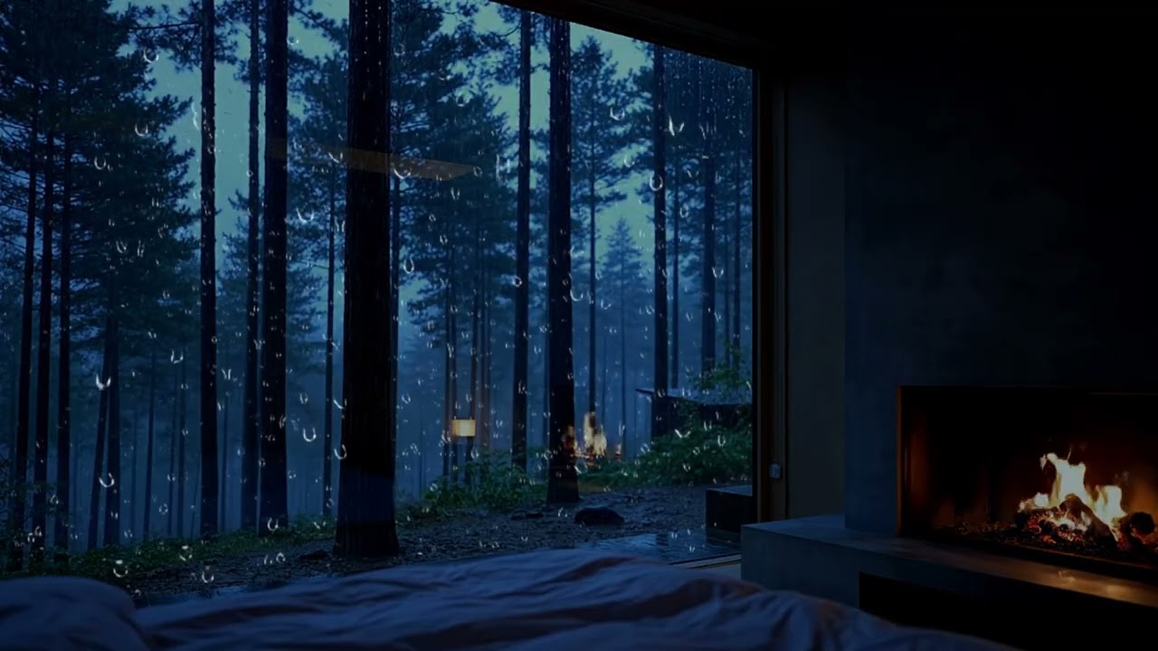 Rainy Night at Cabin - Rain Against Glass & Fireplace | 3 Hours for Sleep & Calming The Mind
