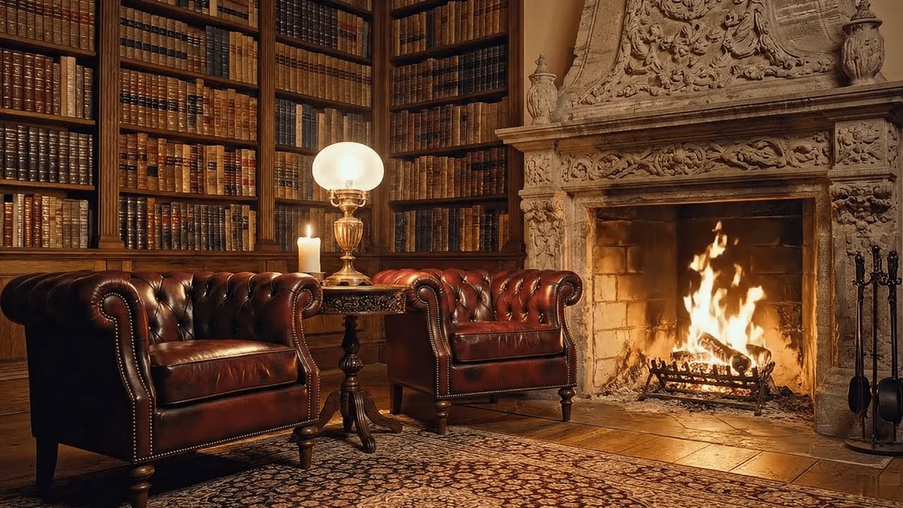 🔥 Cozy Library Ambience – Crackling Fireplace, Soft Lamp Light & Vintage Books for Relaxation