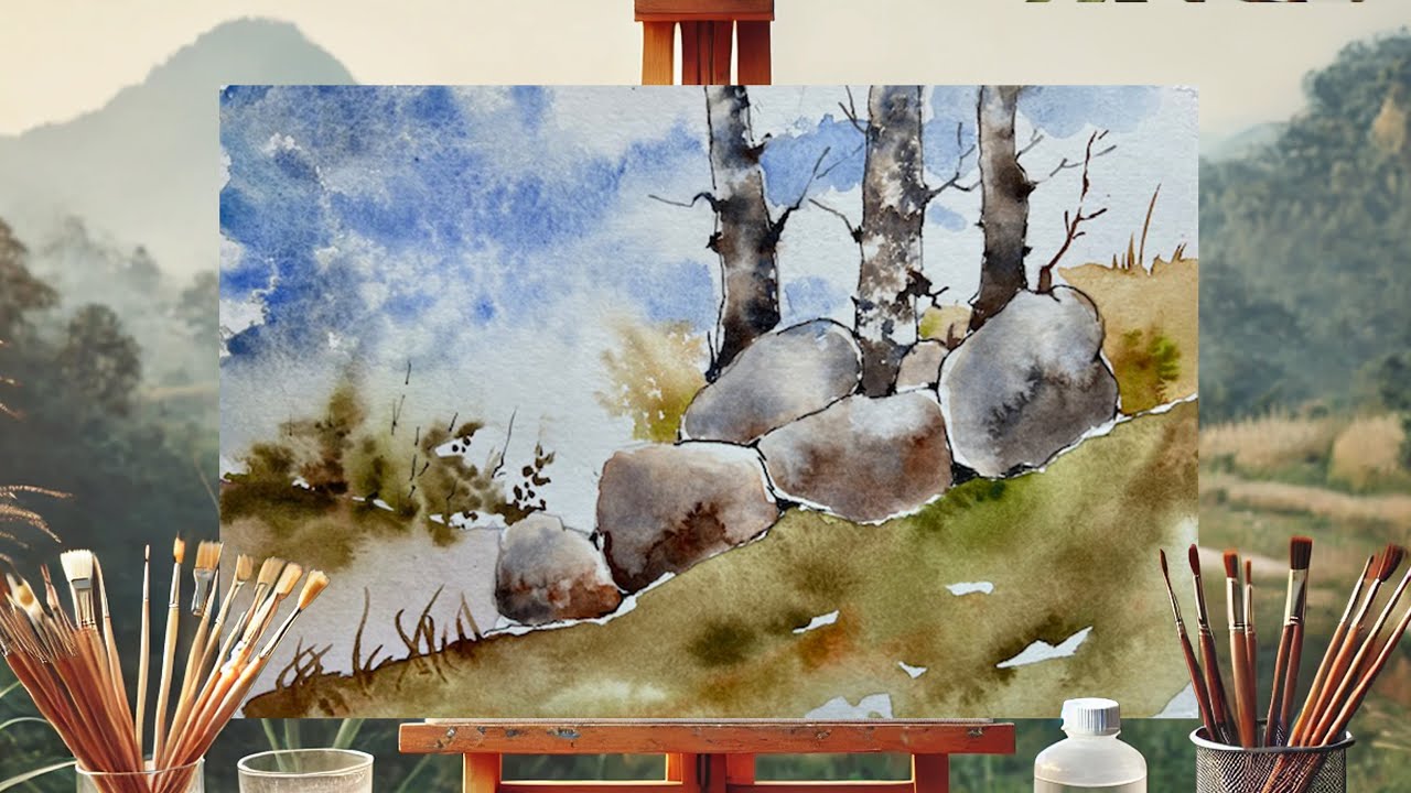 Know when to leave it! - Mastering Rock Textures in Watercolor: Realistic Rocks in a Natural Scene