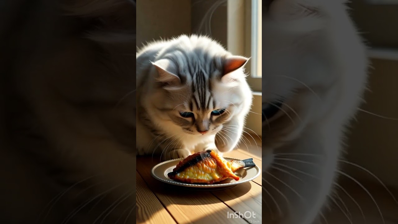 cat eating fish 