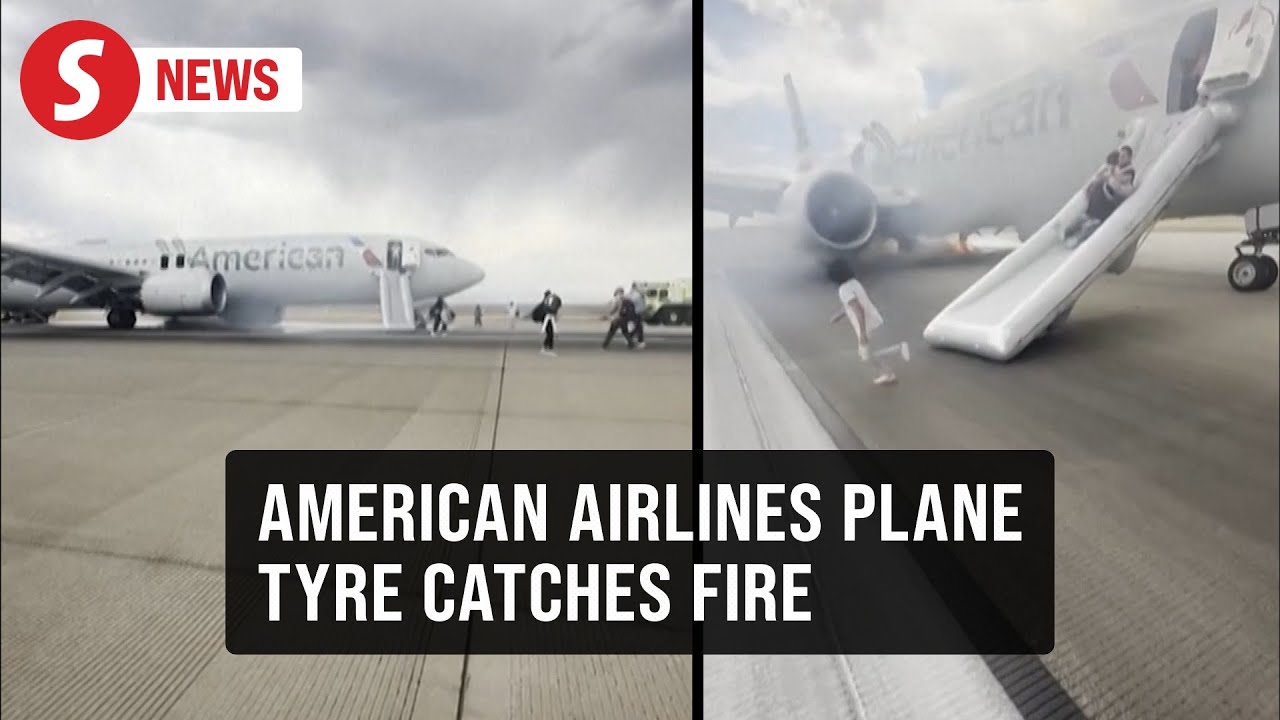 Moments of evacuation from American Airlines plane tyre fire