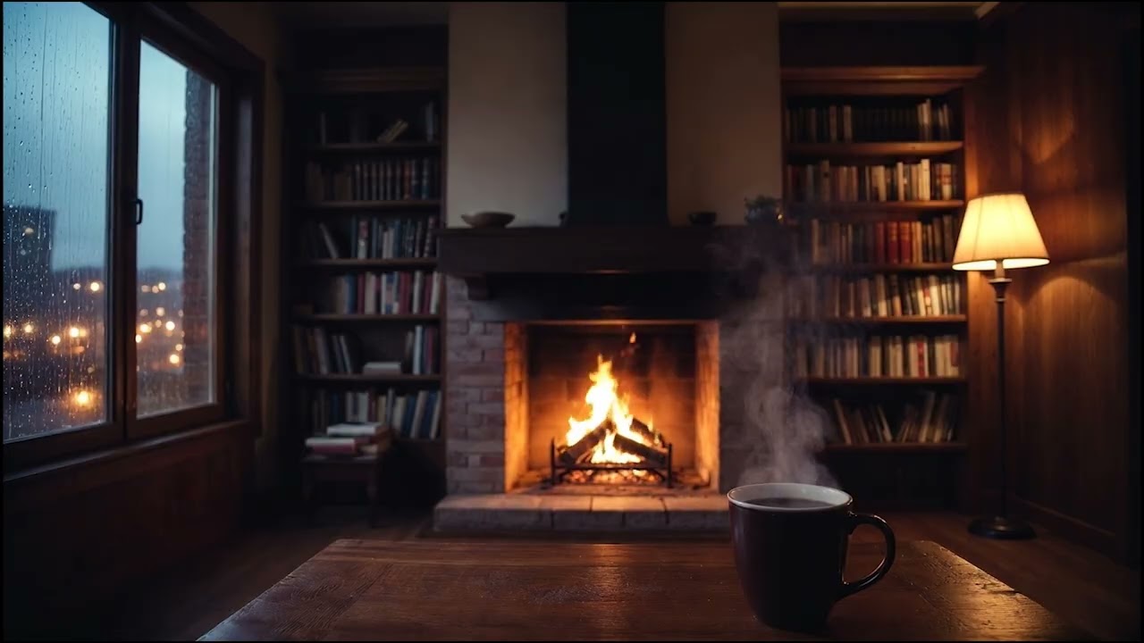 Quiet Night Fireplace Jazz (3 HOURS) | Cozy Library Ambience
