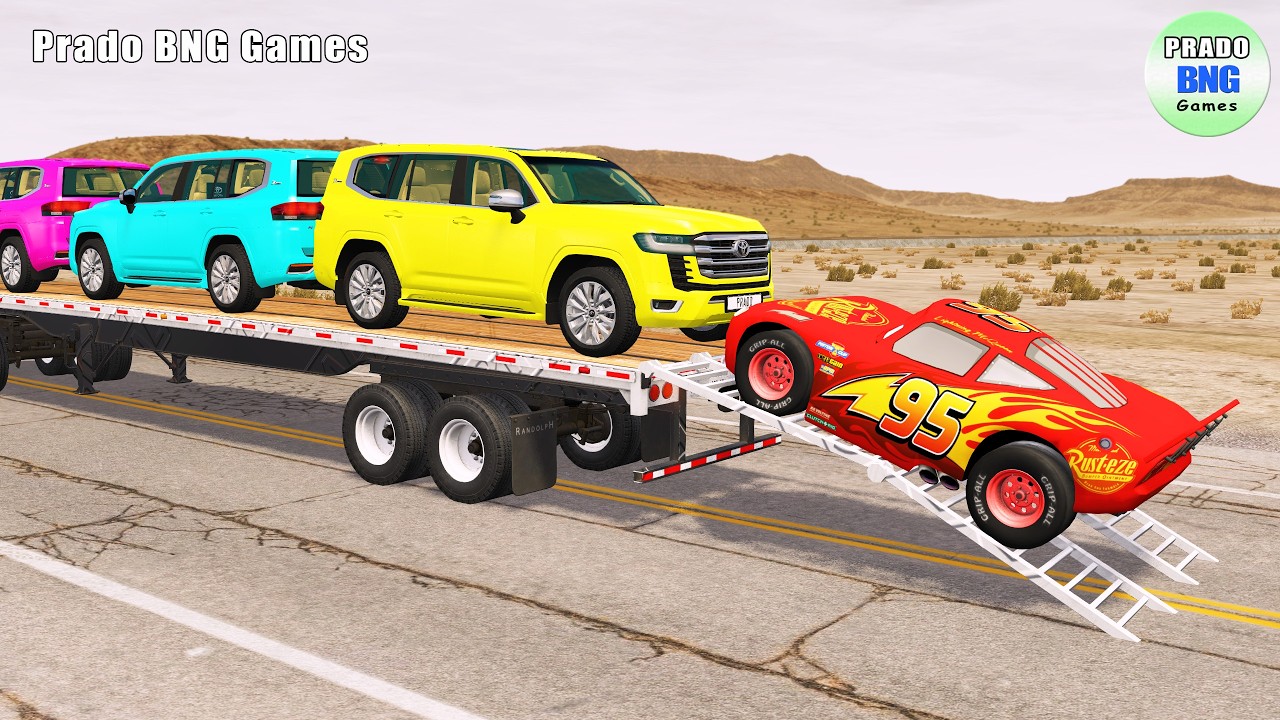 Toyota, Mercedes, трактор и грузовик с платформой против поезда – BeamNG.drive 456