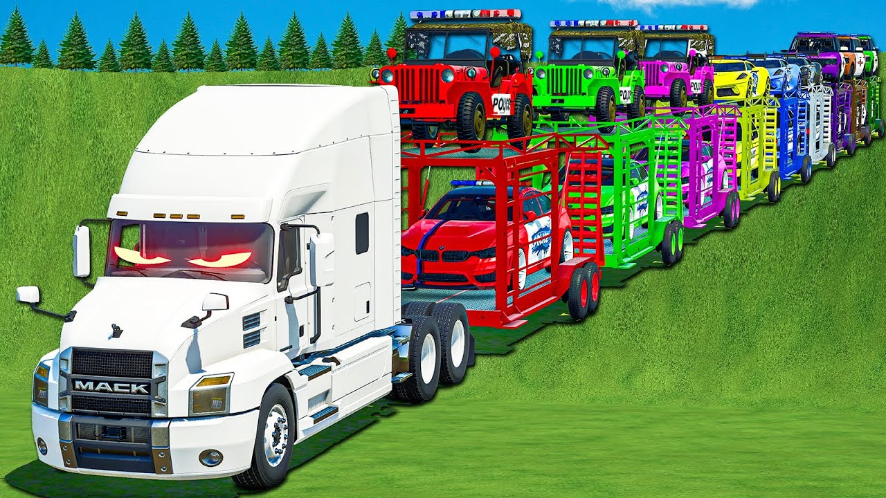 LONG CONVOY TRANSPORT OF COLORS! COPS BMW, ASTON MARTIN, JEEP 4X4, ROVER, BUGATTI! FS 25