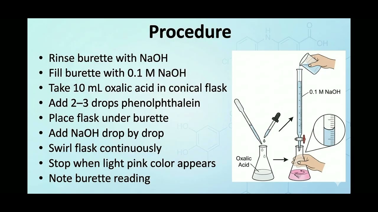 Experiment: to determine the exact molarity of Oxalic acid solution using standard NaOH solution 