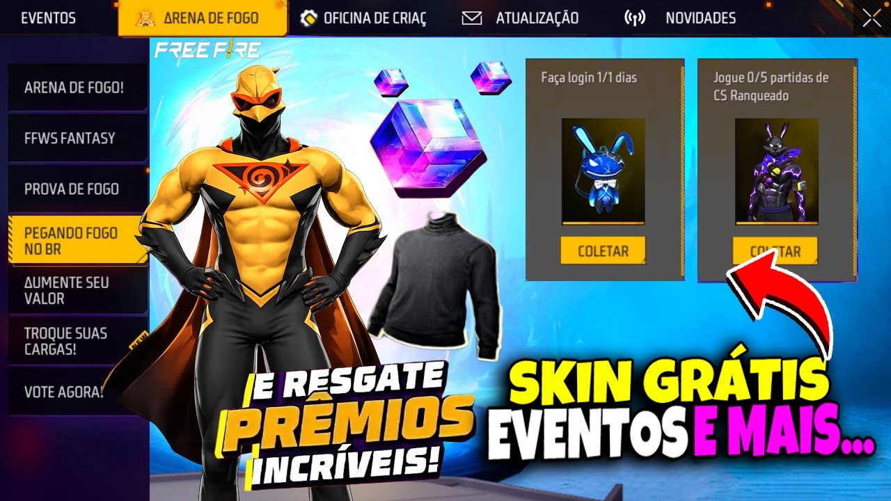 CORREE!! PEGUE SKIN GRÁTIS, NOVO EVENTO COELHÃO, CUBO MAGICO, GOLA ALTA PRETA, NOVIDADES FREE FIRE