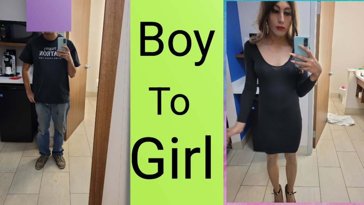 Boy to girl crossdressing in black dress and high heels