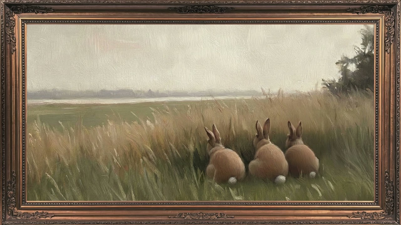Vintage Rabbits in Meadow • 4K Frame TV Art • Cozyland Prints