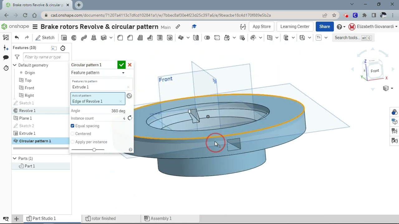Create a brake rotor using revolve & circular pattern in Onshape
