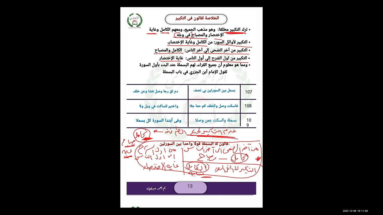 أصول قالون من طيبة النشر. المحاضرة الثالثة. باب التكبير. والبسملة. وميم الجمع