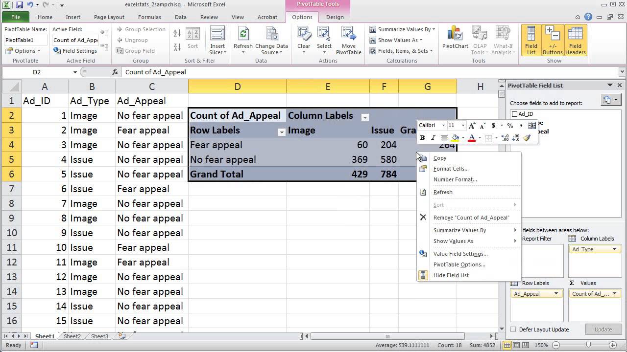 Conducting a chi square test on a pivot table in Microsoft Excel