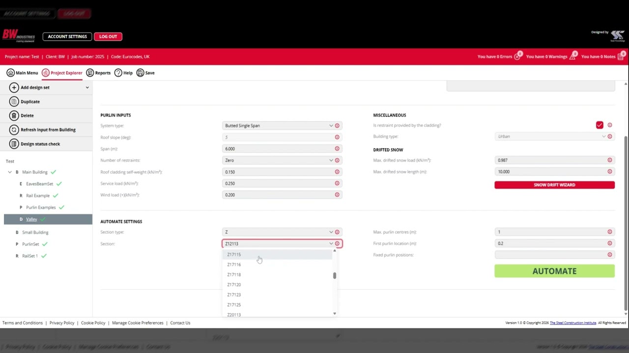 BW Industries Design Software - Drifted Snow Across the Purlin Centres