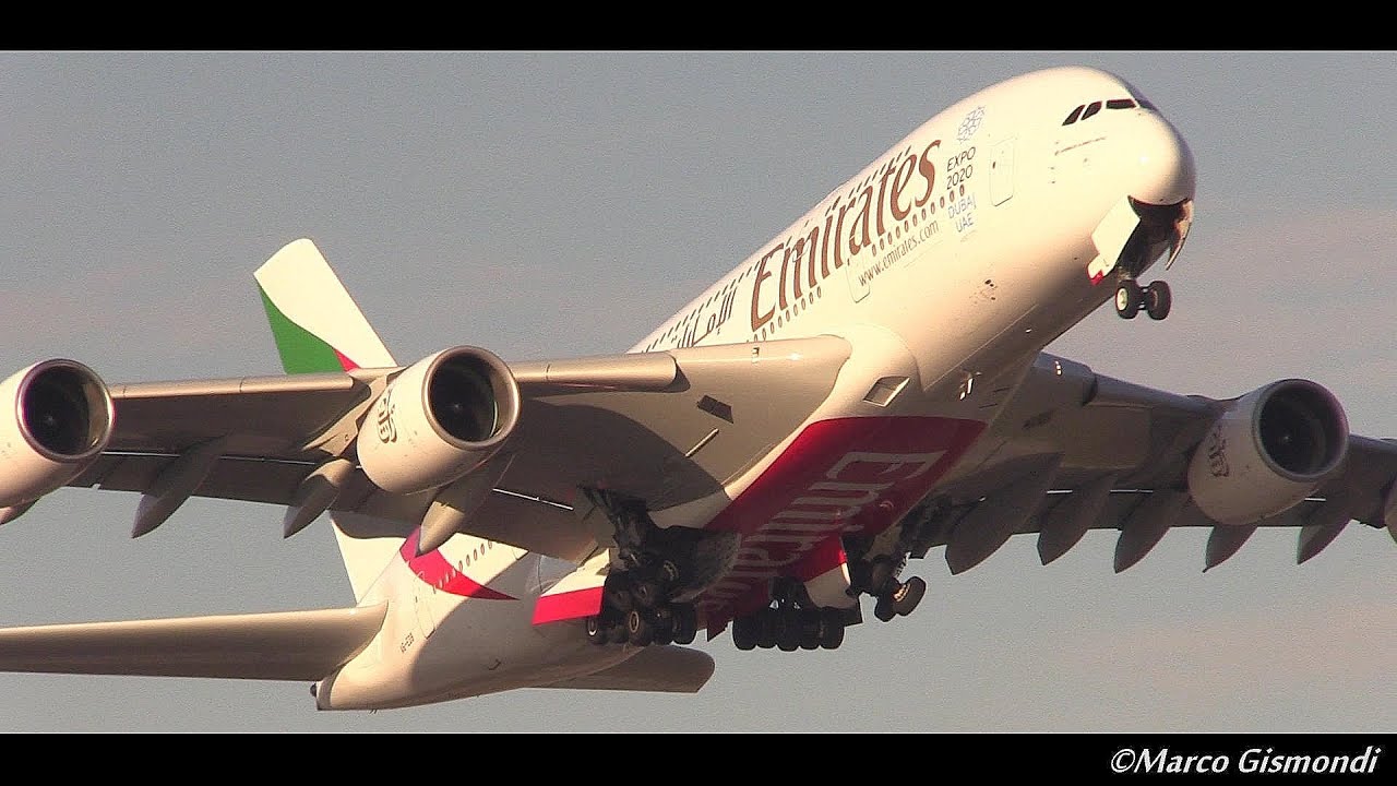 Emirates Airbus A380 takeoff from Rome FCO 16R