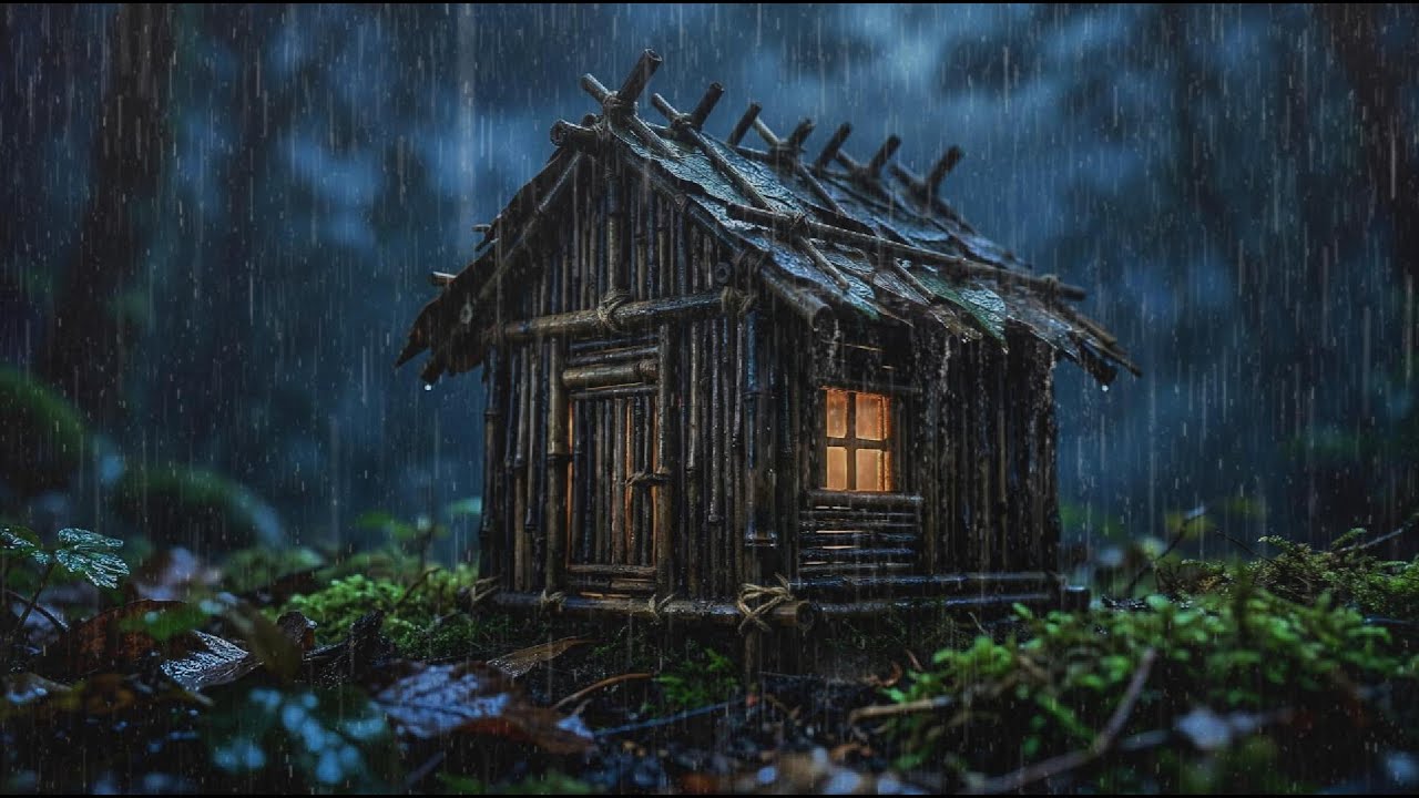 Cozy Miniature Bamboo Cabin in Heavy Rain at Night 🌧️🏡 Relaxing Rain Sounds for Deep Sleep