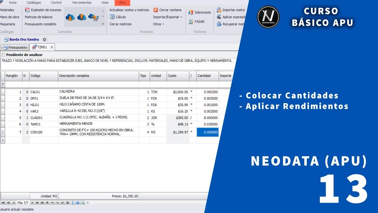 Curso básico de APU con Neodata_Aplicar Cantidades y Rendimientos