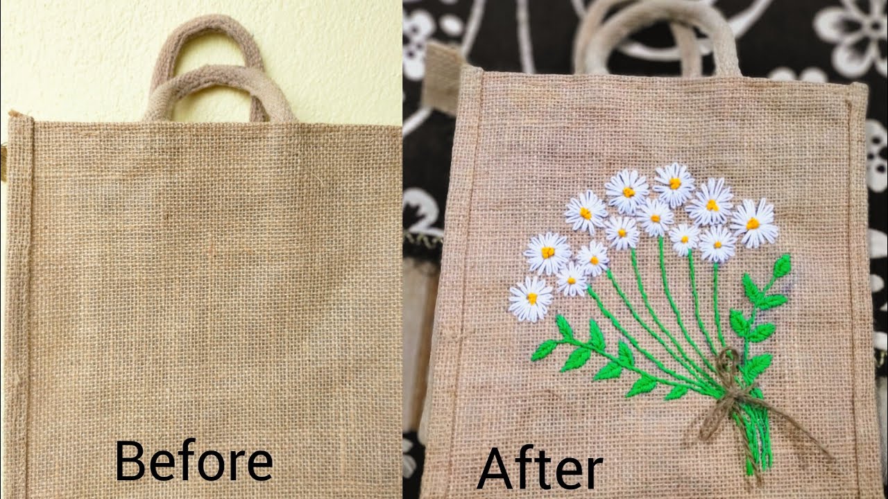 Hand embroidery on Jute bag | Flower bouquet design #flowerembroidery #flowerbouqet #handembroidery 
