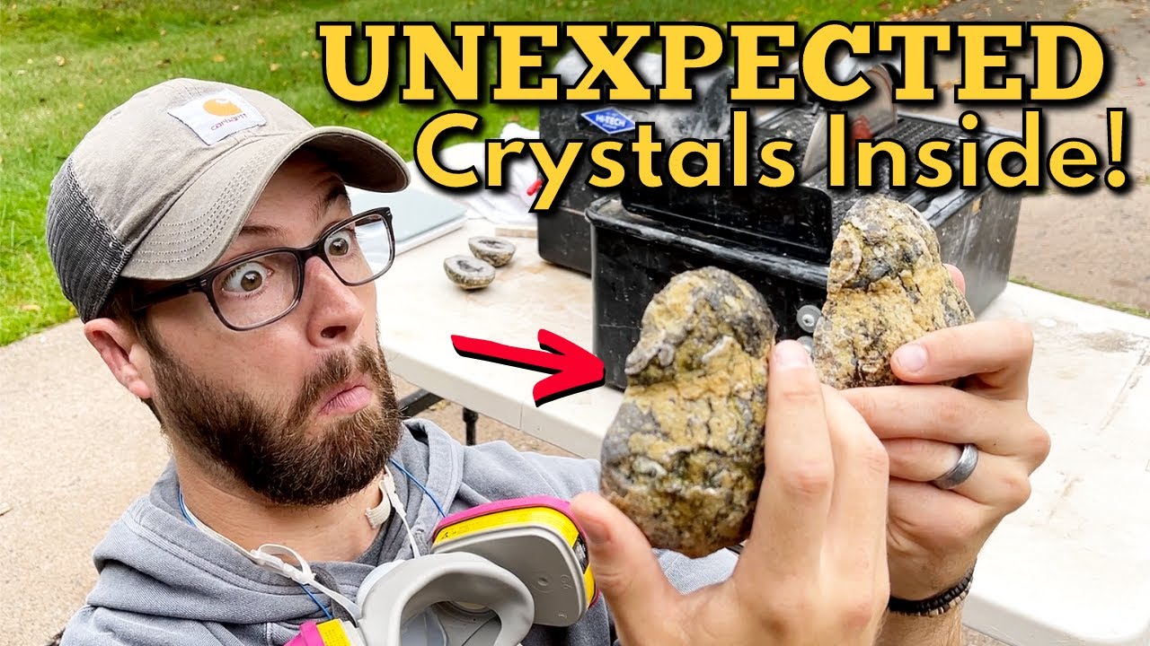 Finding CRYSTALS inside mystery minerals! Cutting rocks w/ 10