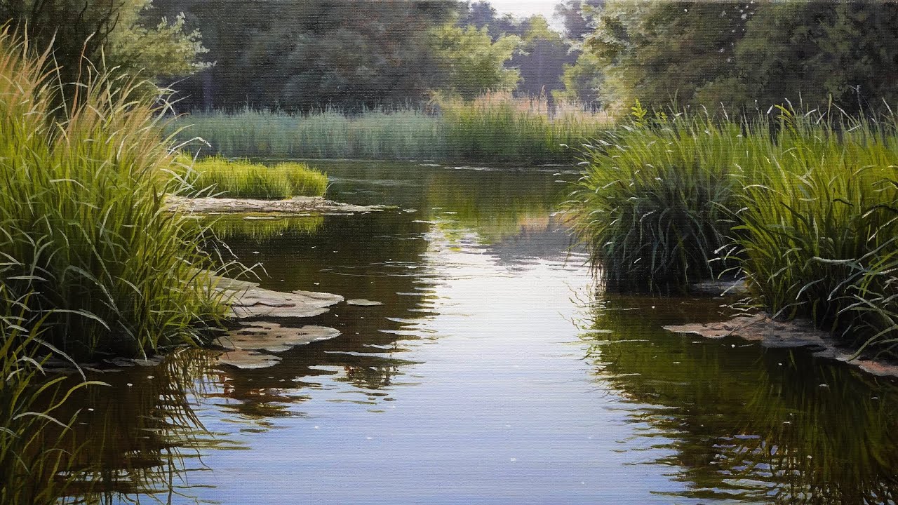 Painting a Realistic River With Oil. Time Lapse