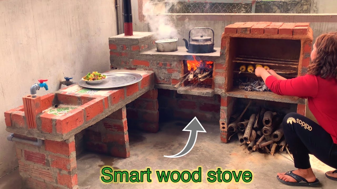 Creative versatile smokeless cement stove combined with pizza oven \ Smart wood stoves