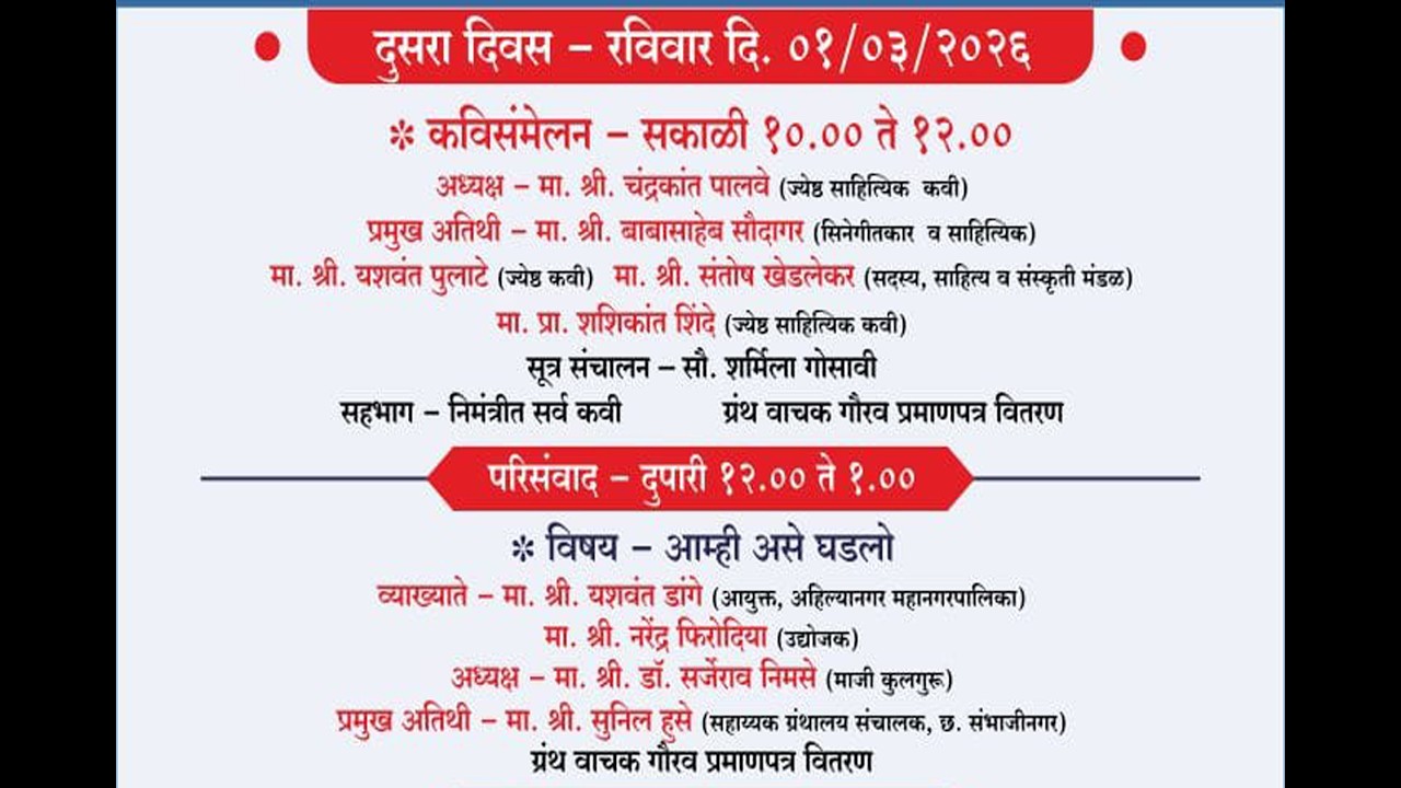 ग्रंथ उत्सव २०२५ , अहिल्यानगर , कवी संमेलन अध्यक्ष कवी चंद्रकांत पालवे प्रमुख अतिथी बाबासाहेब सौदागर