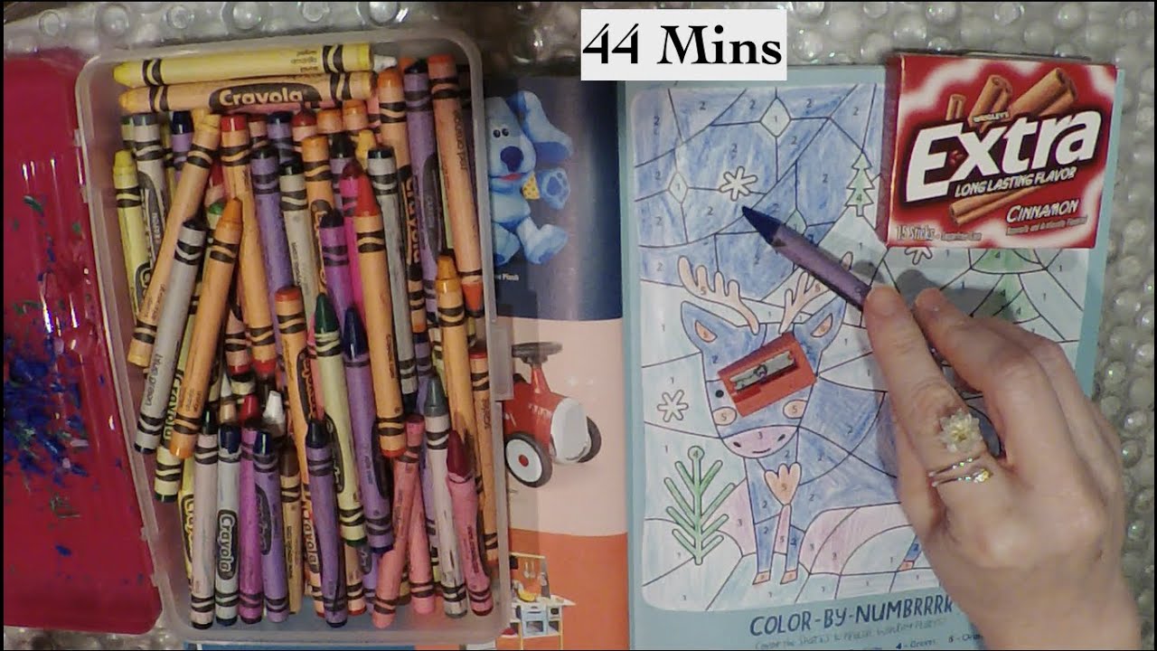 ASMR Gum Chewing Ramble, Coloring with Crayons, 44 Minutes, Whispering, Page Turning