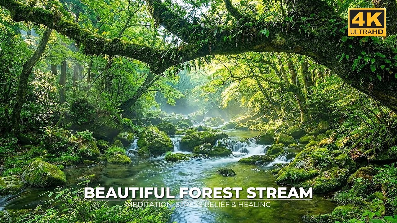 4K Peaceful Forest Stream Bird Chirping Calming Water Sounds for Meditation, Stress Relief & Healing
