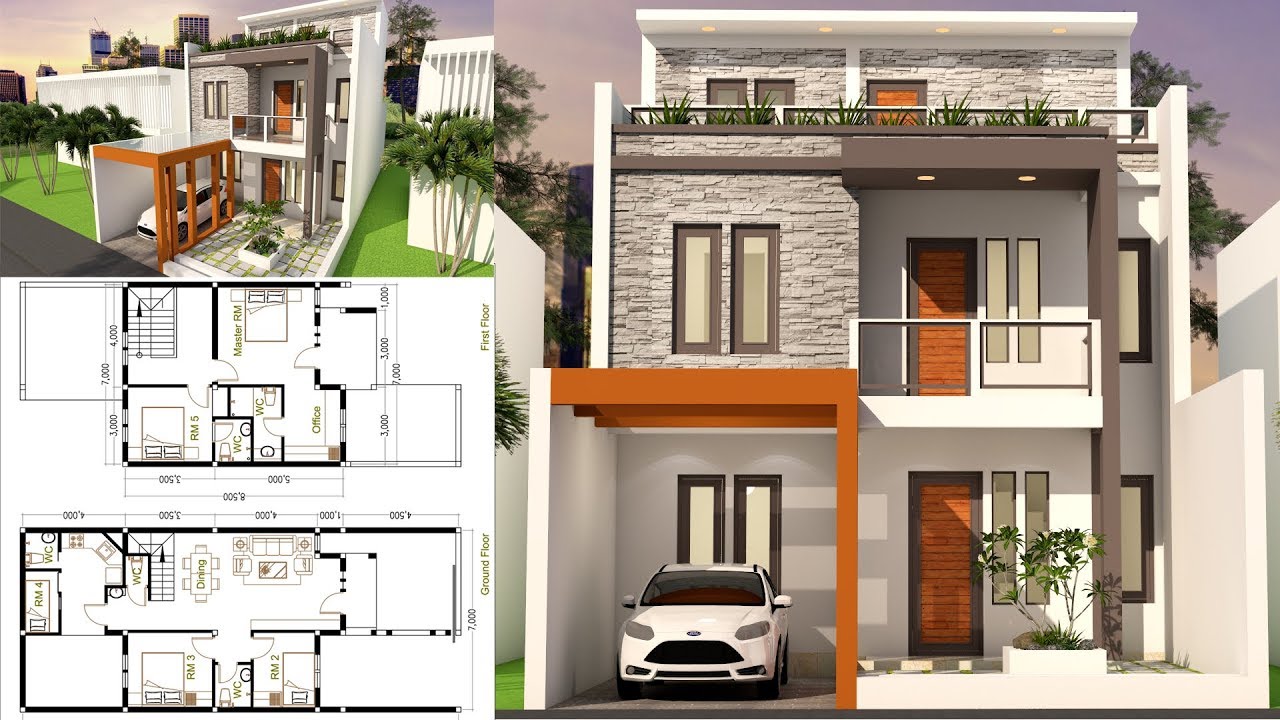 Sam-Architect Home Design 3D Plot Size 7x17 With 5 Bedrooms Sketchup Modeling  exterior full plan