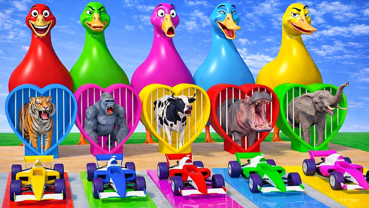 Long Slide Game With Cow Elephant Gorilla Hippopotamus Tiger - 3d Animal Game - Funny 3d Animals