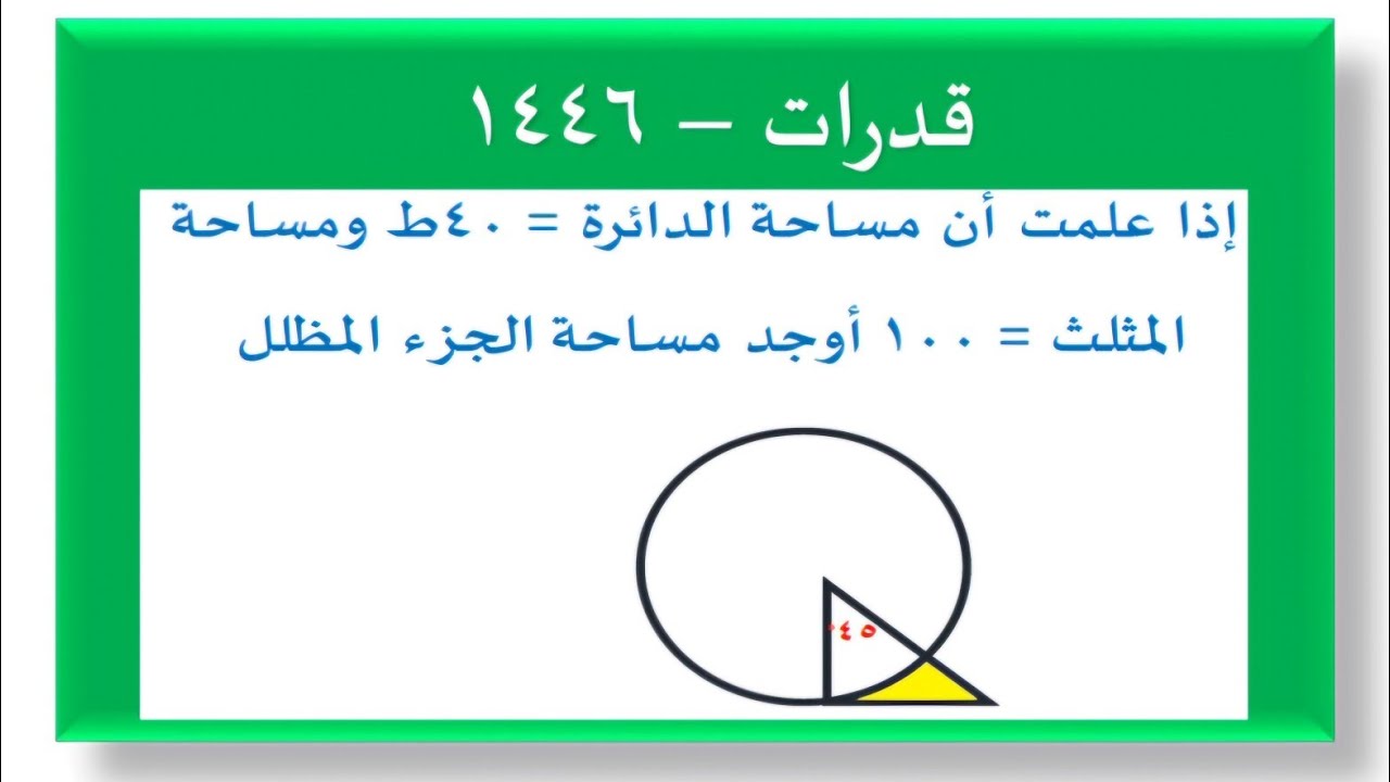 إذا علمت ان مساحة الدائرة = ٤٠ط ، مساحة المثلث = ١٠٠ اوجد مساحة الجزء المظلل