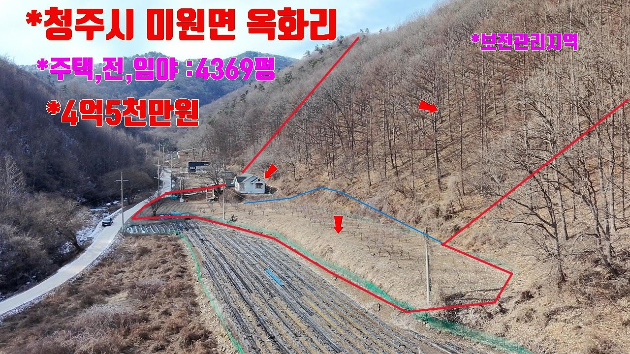 ［청주토지매매］청주시 미원면 옥화리 옥화9경에 청정 계곡이 있는 주택,과수원,임야 합계 4369평을 4억5천만원에 매매