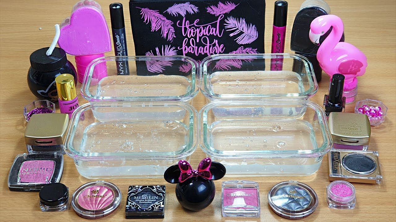 Slime Black vs Hot Pink Mixing makeup Glitter and beads into Clear Slime