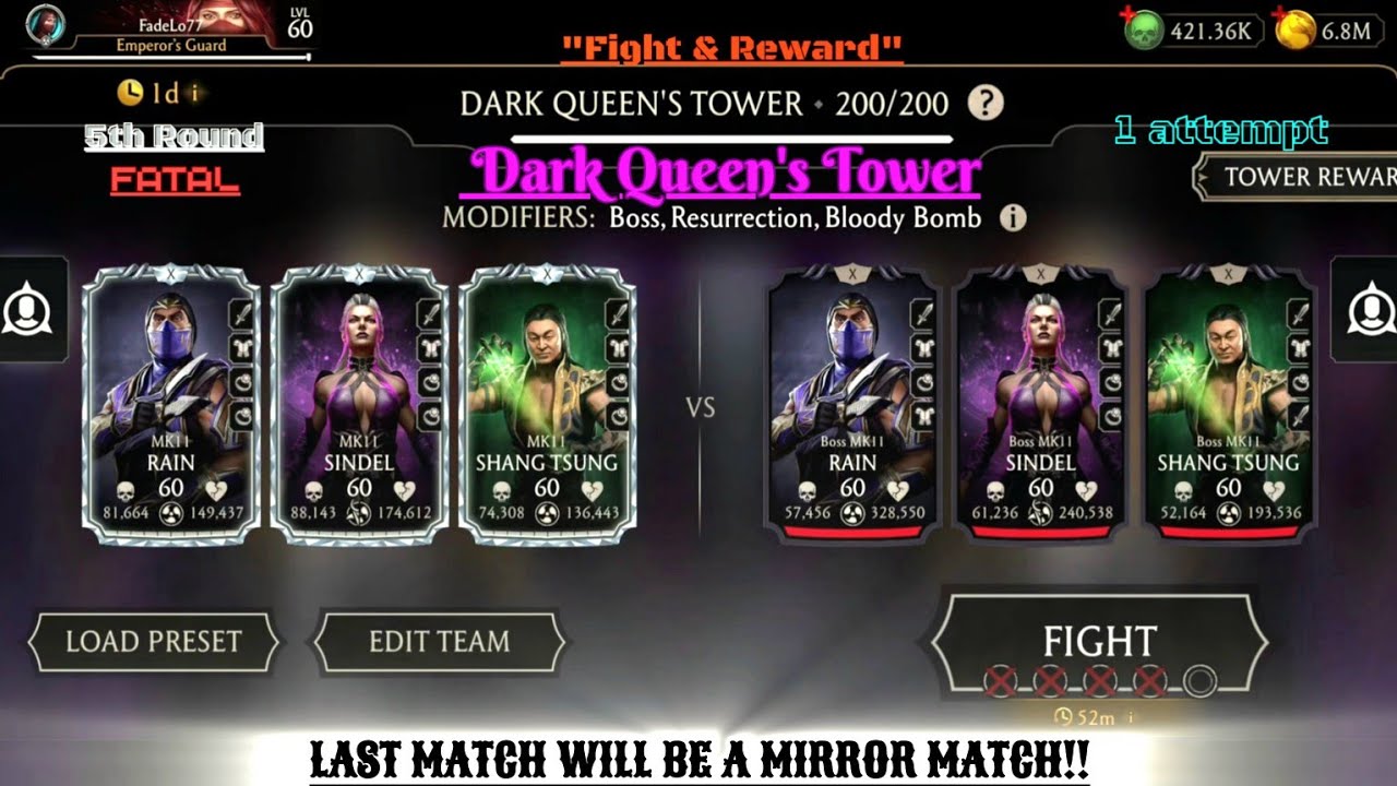 Mk Mobile. Dark Queen's Tower (Fatal) Final Bosses 5th Round Fight & Reward!!