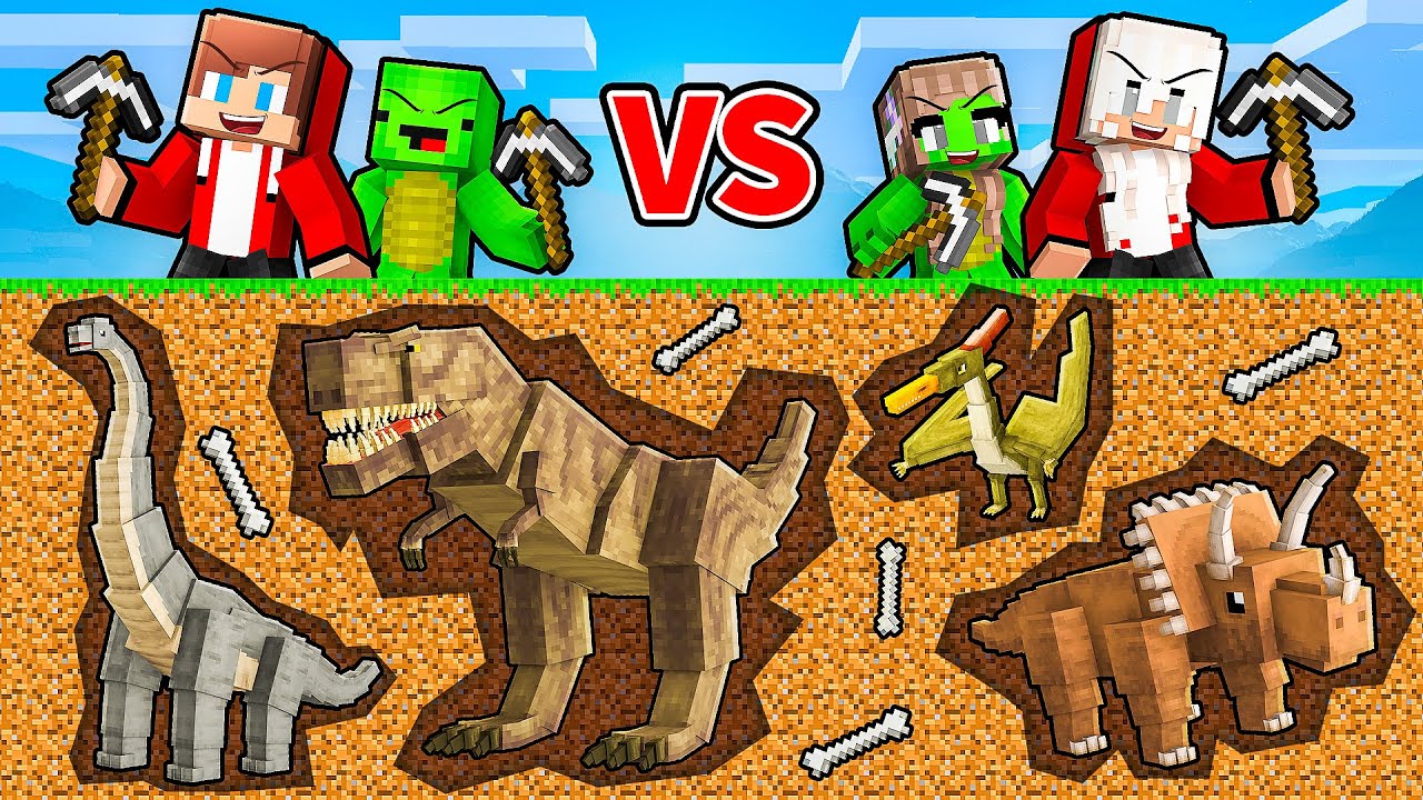 JJ and Mikey: BOYS vs GIRLS DINOSAURS MINE BATTLE in Minecraft - Maizen