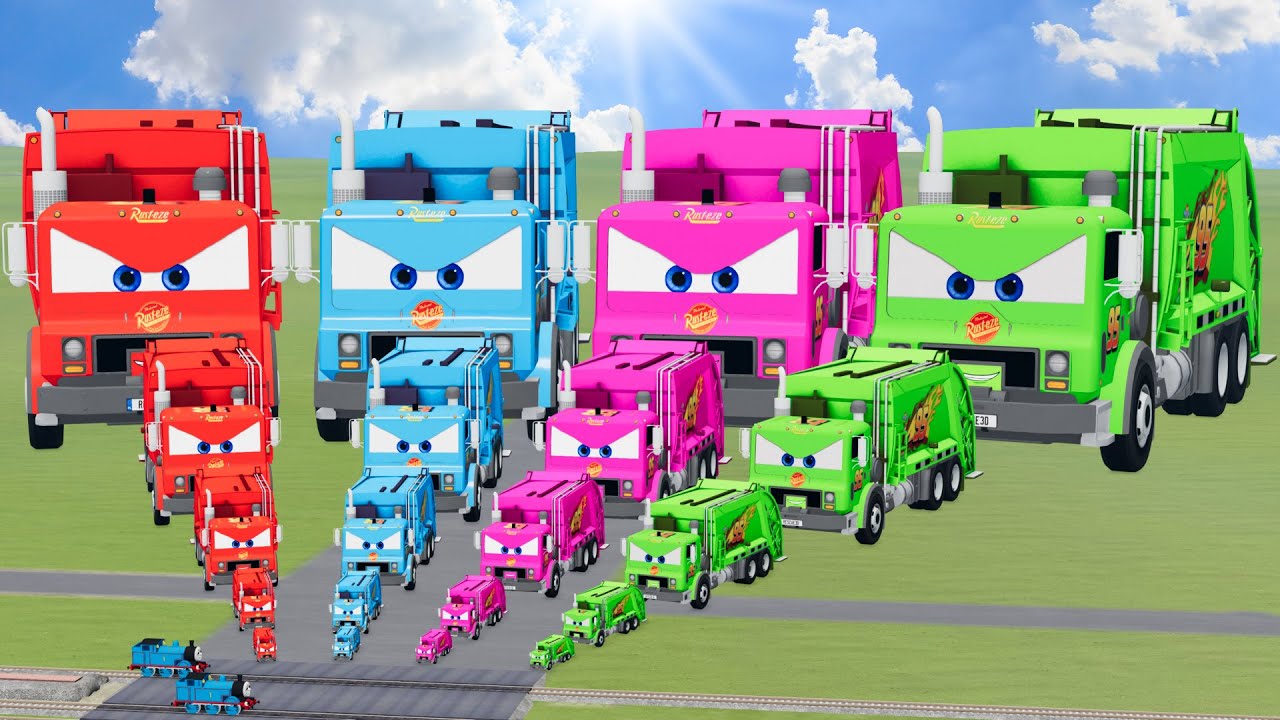 Big & Small Colors Garbage Truck Lightning Mcqueen vs Train Thomas | BeamNG.Drive