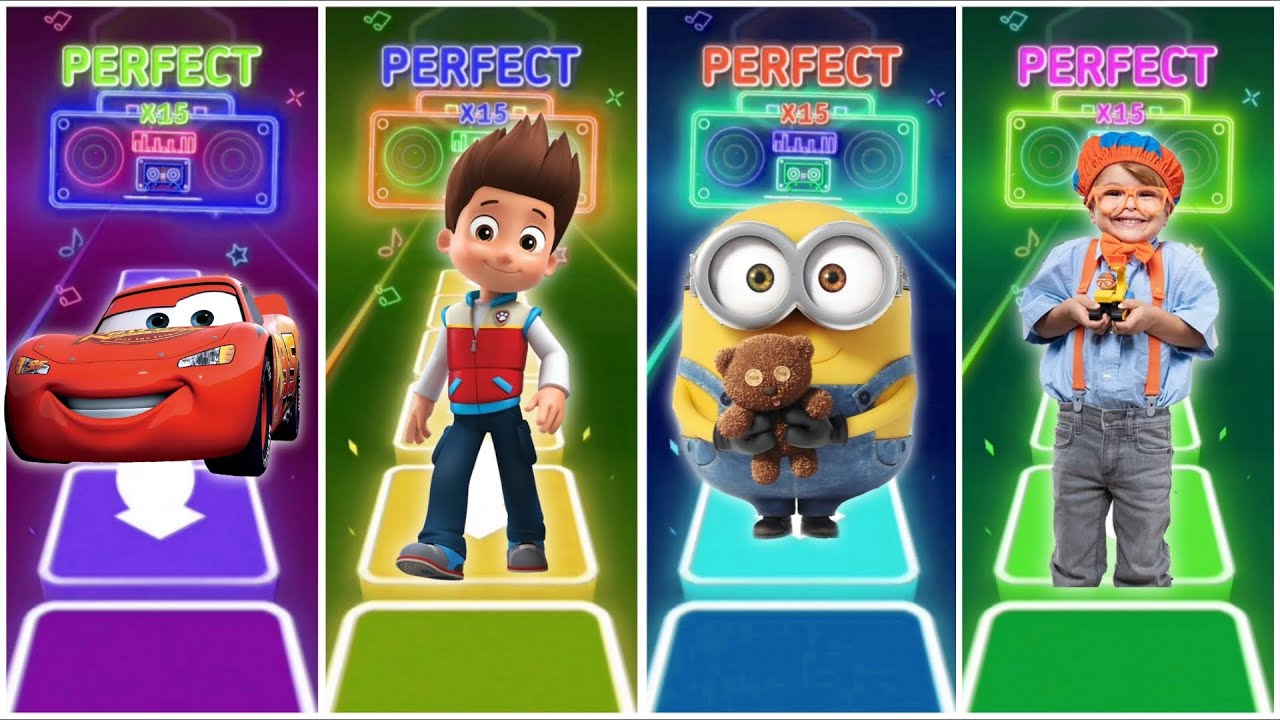 McQueen vs Ryder vs Minions vs Blippi in the Tiles Hop EDM Rush Game play🎶