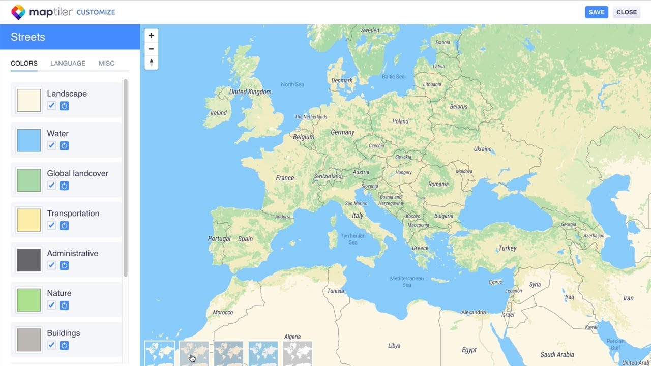 Map with custom colours - MapTiler Cloud Customise Tool  - map design to fit your brand