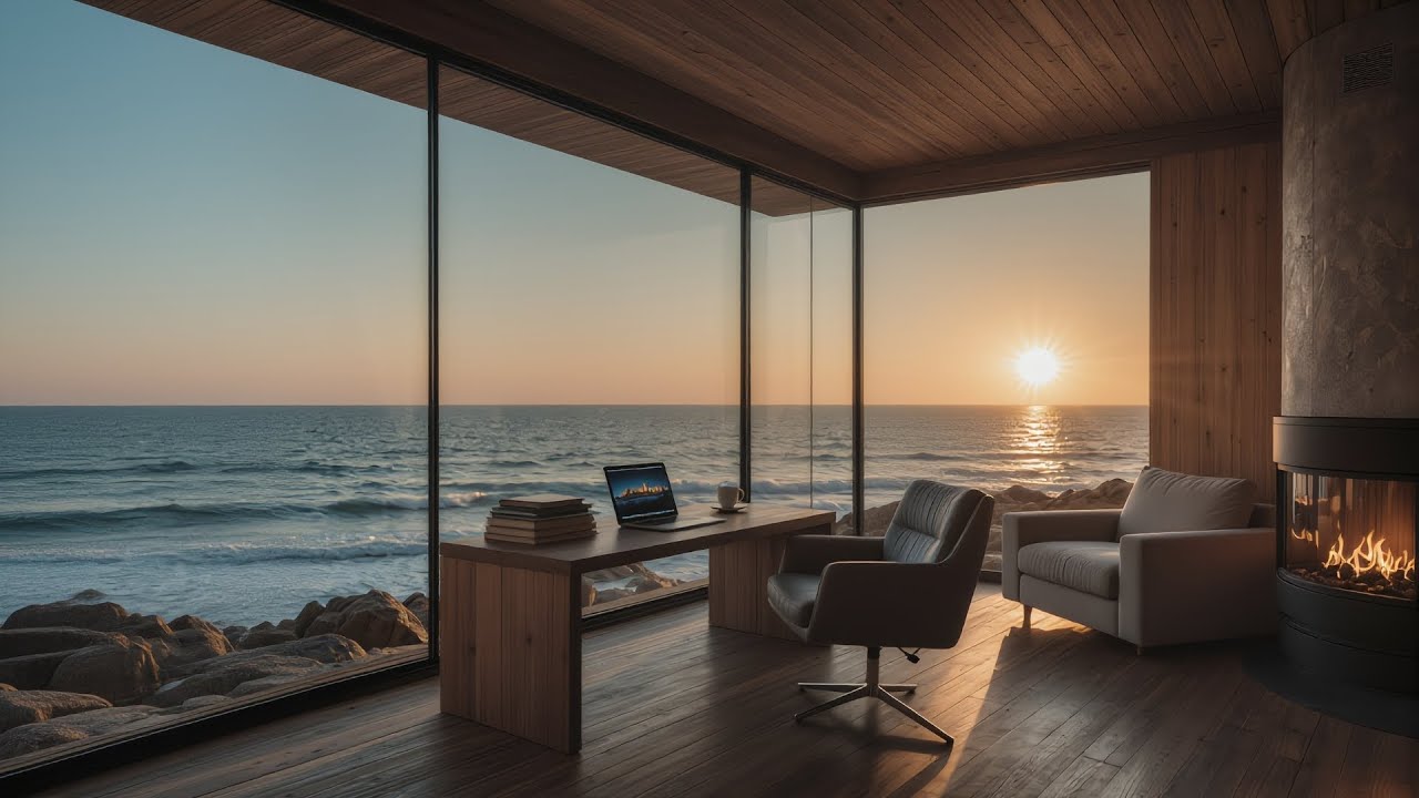 Luxury Ocean Cabin Fireplace | Sunset Waves & Cozy Ambience