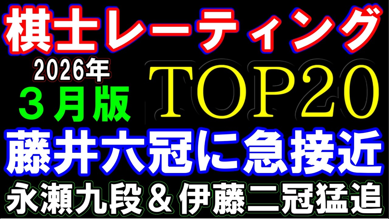 【2026年3月版】将棋棋士実力レーティングランキングTOP20　藤井聡太六冠に永瀬九段や伊藤匠二冠が猛追！羽生九段久々TOP10内 (将棋プロ棋士強さランキング）