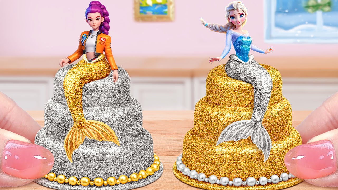 Golden Vs Silver Princess Cake💛Fancy Miniature KPOP Demon Hunters Mermaid Cake🤍Mini Cakes