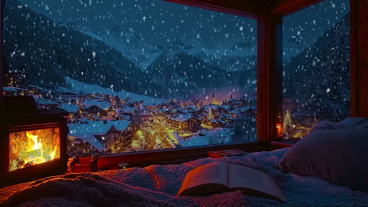 Peaceful Winter Night by the Cabin Fire with Snow Falling Softly for Rest and Relaxation